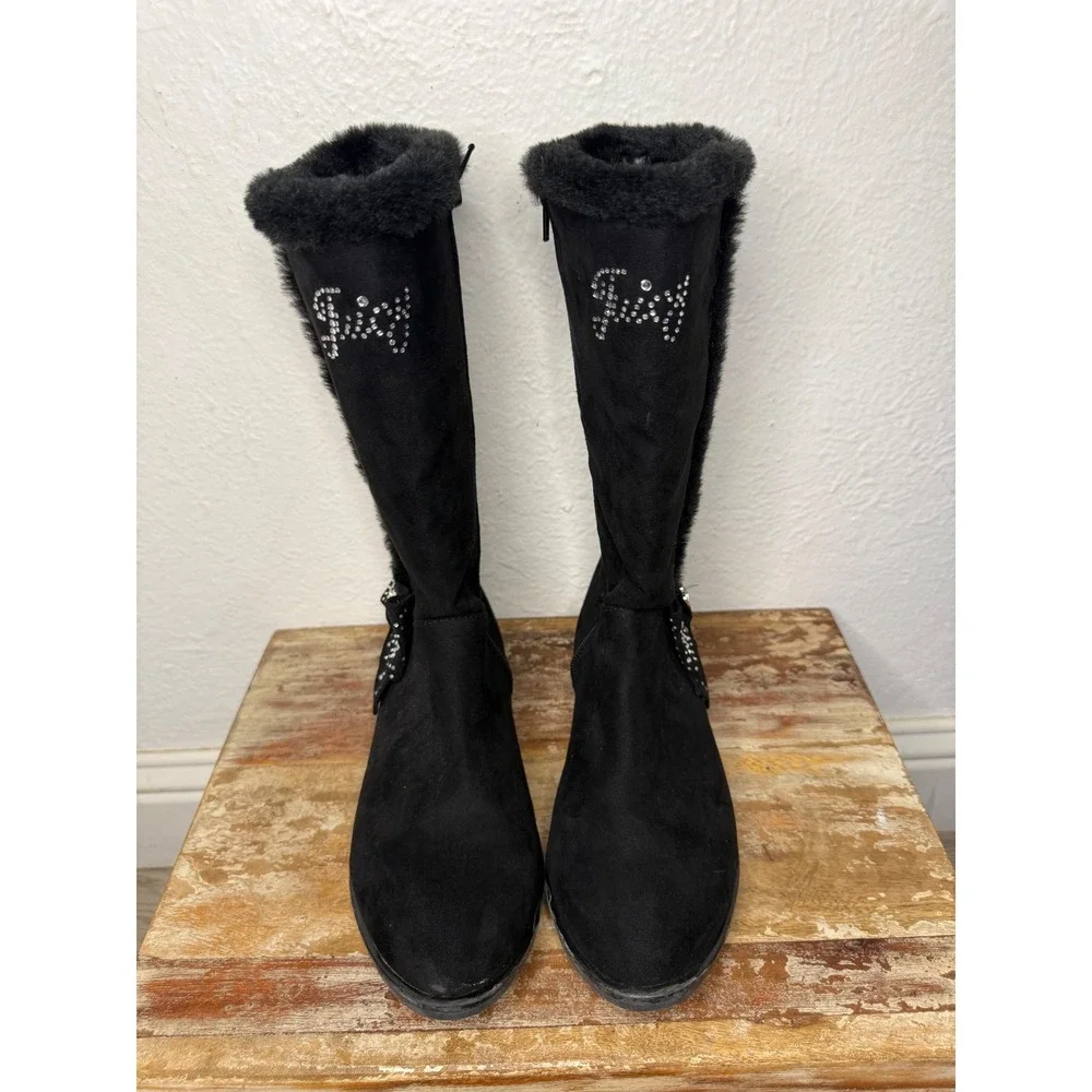 Juicy Couture Girls 5 Riding Boots Black Faux Suede Rhinestones Bow